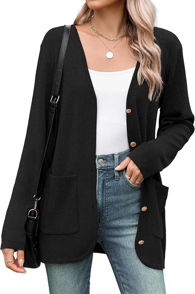 Zeagoo Women's V Neck Button Long Cardigan Sweater Casual 2024 Fall Knit Sweater Blazer with Pockets