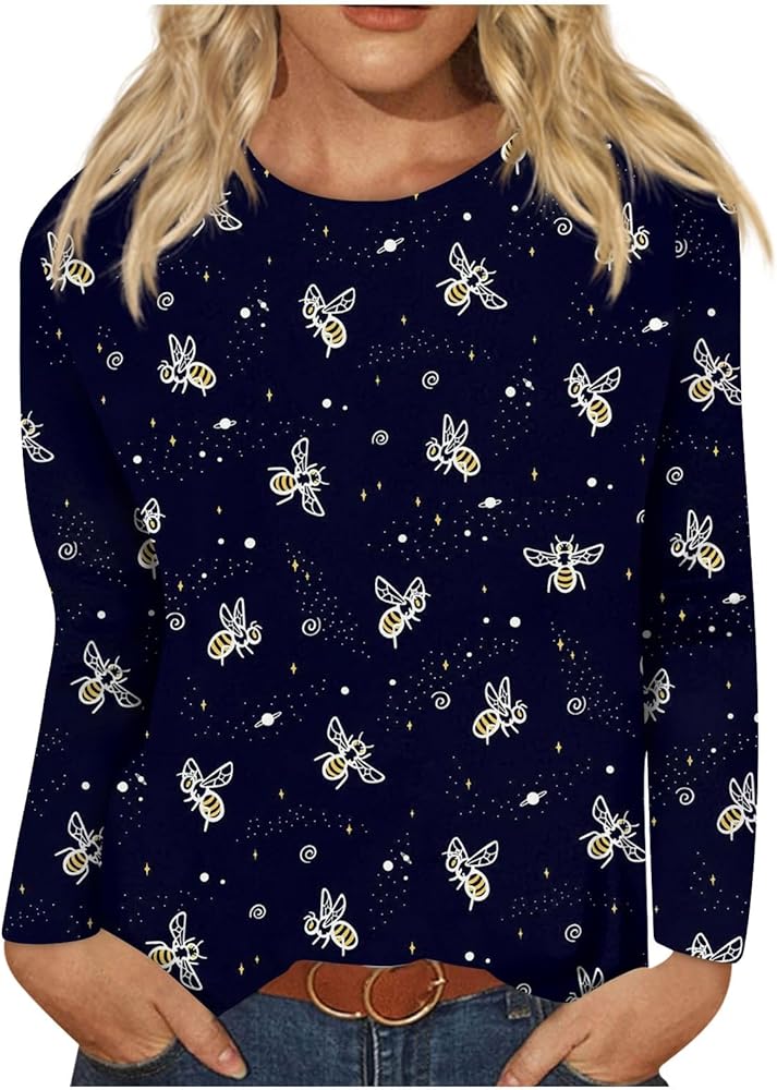 Tops for Women 2024 Casual,Long Sleeve Shirts for Women Cute Print Graphic Tees Blouses Casual Plus Size Basic Tops Pullover