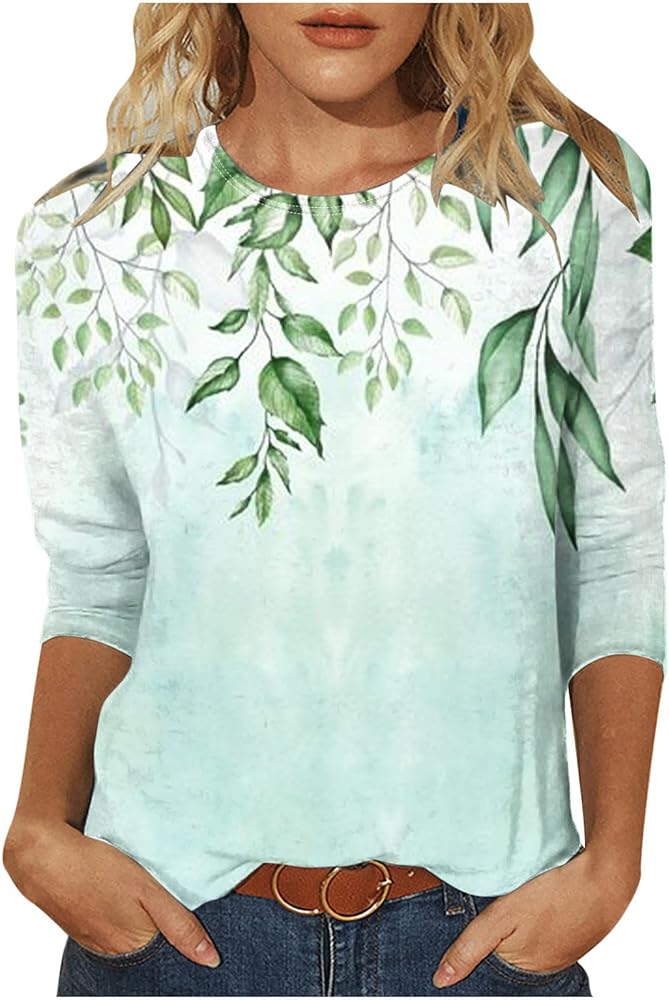 Dress Shirts for Women 3/4 Sleeve Bohemian Floral Print Summer Top t Shirts Three Quarter Sleeve Crewneck Blouses