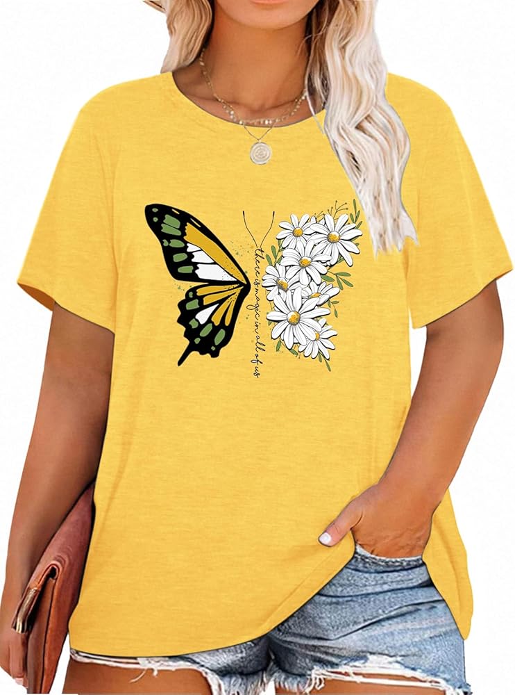 HDLTE Womens Plus Size Tops Butterfly Daisy Print Shirts Graphic Casual Summer T-Shirts 1x-4x