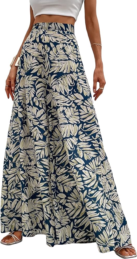 WDIRARA Women's Tropical Print High Waist Wide Leg Pants Boho Palazzo Pants