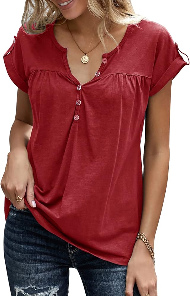 Women's Casual Short Sleeve T-Shirts V Neck Button Up Tunic Tops Summer Rolled Sleeve Henley Shirt