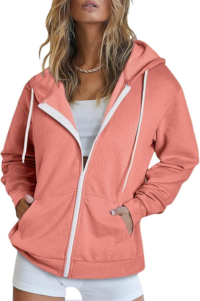 Uusollecy Women's Casual Zip Up Hoodie Lightweight Sweatshirt Hoodies Drawstring Sweater with Pockets