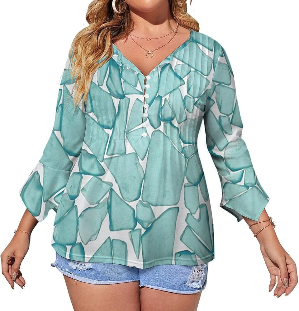 Teal Sea Glass Nautical Print Cute Womens T-Shirts 3/4 Sleeve Button Down Tee Tops Blouse Summer Beach