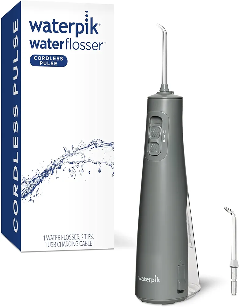 Waterpik Cordless Pulse Rechargeable Portable Water Flosser for Teeth, Gums, Braces Care and Travel with 2 Flossing Tips, Waterproof, ADA Accepted, WF-20 Gray, WF-20CD017