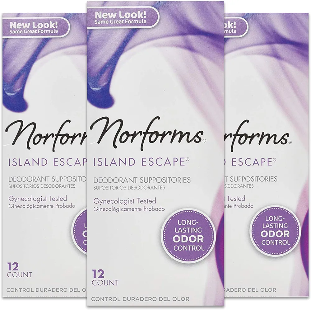 Norforms Feminine Deodorant Suppositories, Long Lasting Odor Control, Island Escape Scent, 12 Count (Pack of 3)