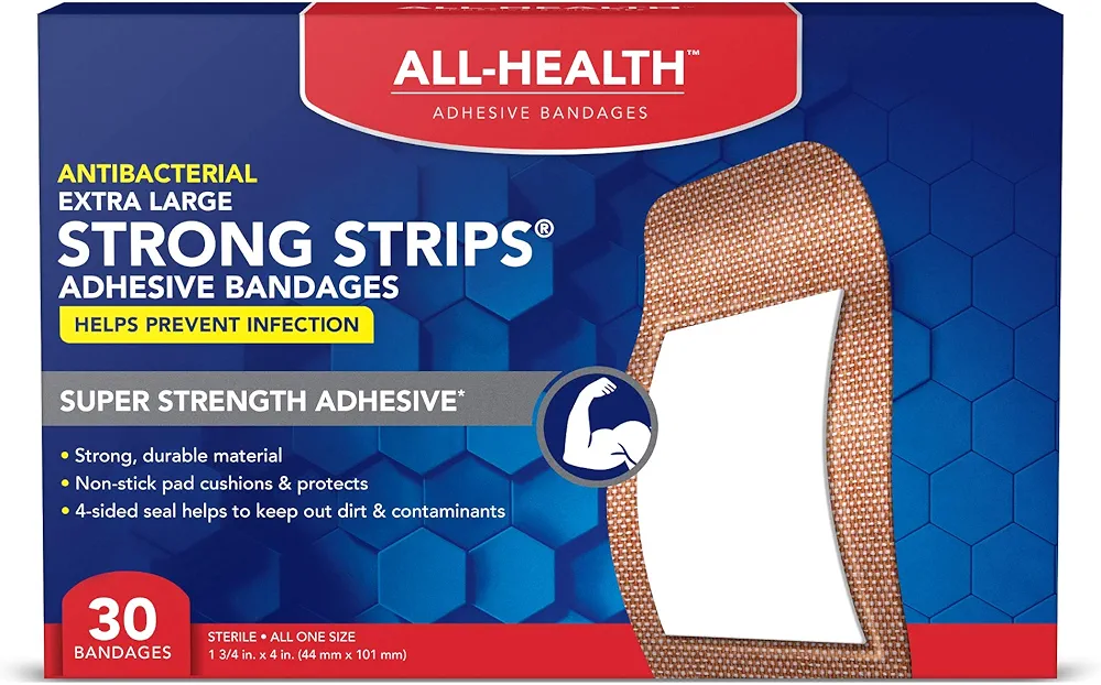 All Health Antibacterial Heavy Fabric Strong Strip Adhesive Bandages, XL 1.75 in x 4 in, 30 ct | Extra Large, Helps Prevent Infection, Durable Protection for First Aid and Wound Care