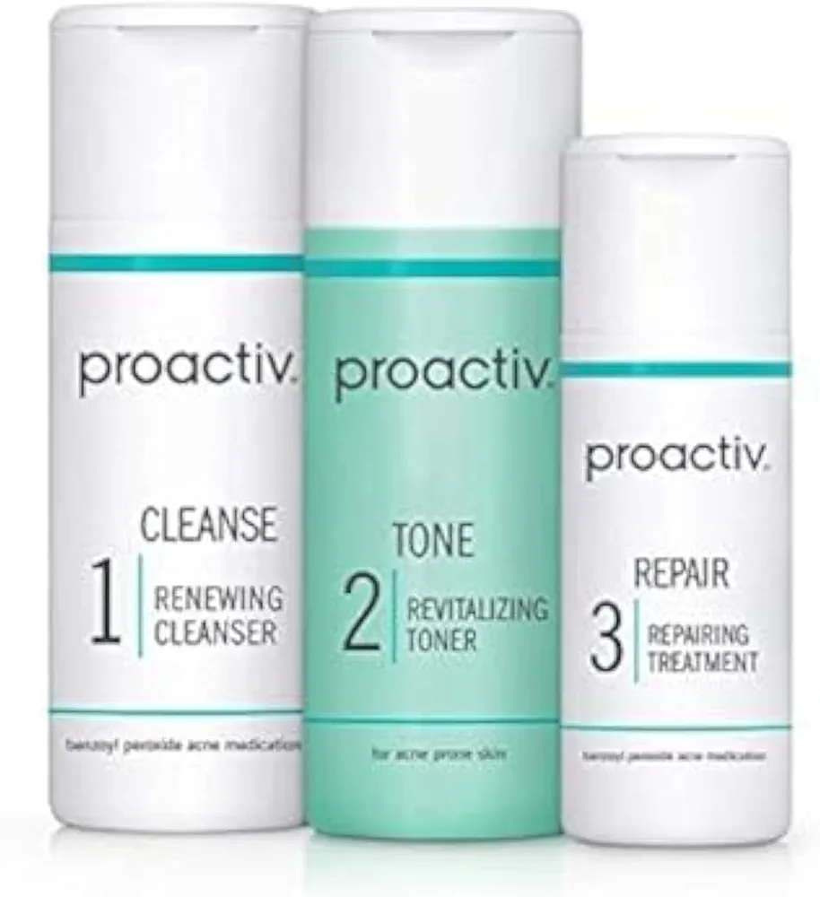 Proactiv 3 Step Acne Treatment - Benzoyl Peroxide Face Wash, Repairing Acne Spot Treatment for Face and Body, Exfoliating Toner - 30 Day Complete Acne Skin Care Kit