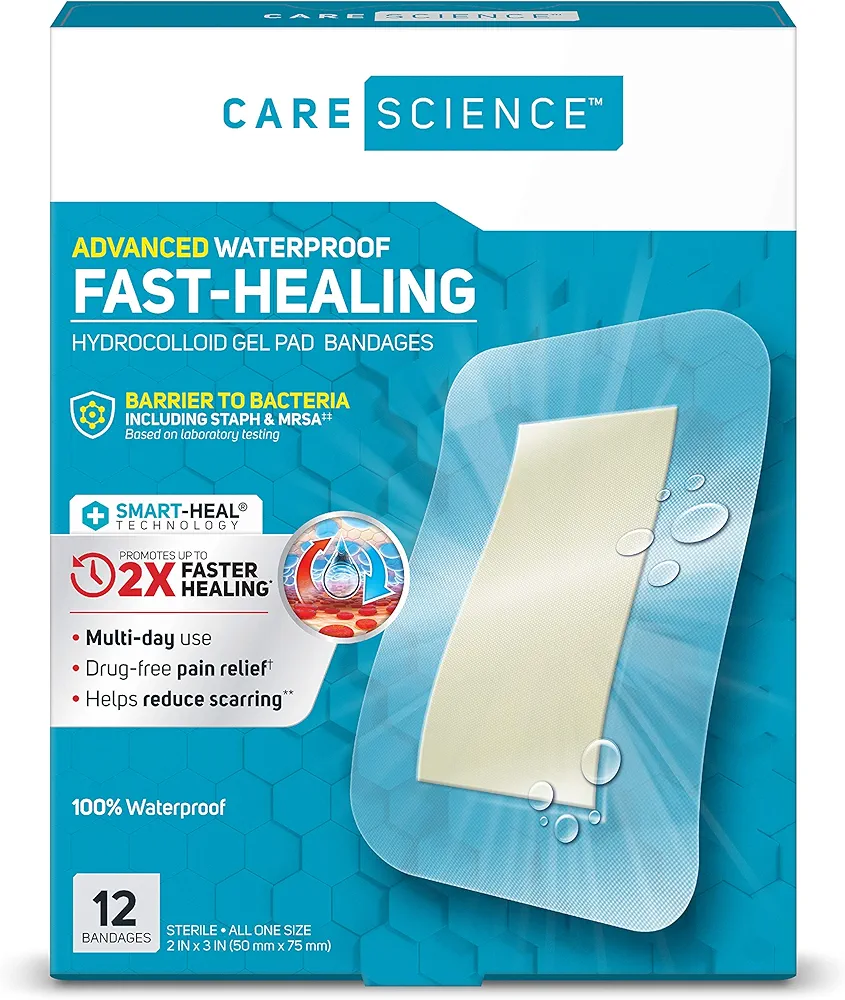 Care Science Fast-Healing Waterproof Hydrocolloid Gel Pad Bandages, XL, 2 in x 3 in, 12 ct | 100% Waterproof Seal, 2X Faster Healing, for Blisters or Wound Care