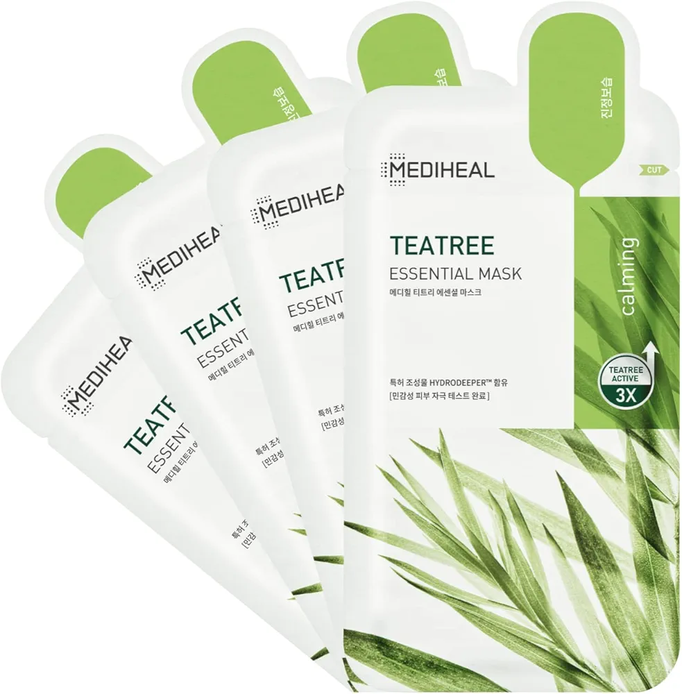 Mediheal Official Best Korean Sheet Mask - Tea Tree Essential Face Mask 4 Sheets Skin Soothing Treat Blemishes Sebum Control For All Skin Type