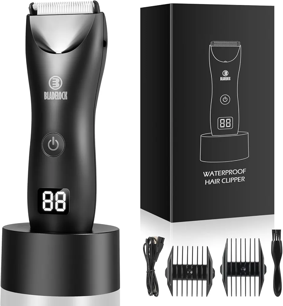 Men Body Hair Trimmers,Electric LCD Battery Indicator Safe Blade Waterproof Groin Hair Shavers Male Painless Wet and Dry Quiet Hygiene Razor with Standing Charging SMT033 Black