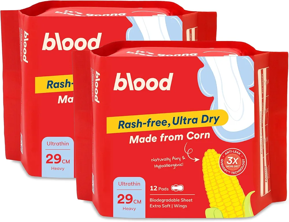 Blood Period Pads - Made with Corn, Super Absorbent, Pack of 2 (29 CM)