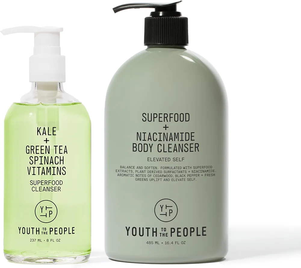 Youth To The People Superfood Cleanser Duo - Vegan Skincare Bundle Set - Superfood Kale + Green Tea Facial Cleanser (8 fl oz) - Superfood + Niacinamide Body Cleanser (16.4 fl oz) - for Face and Body