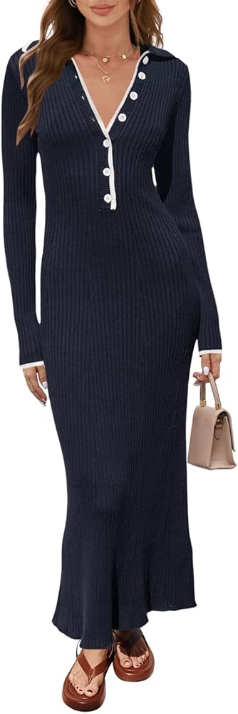 MEROKEETY Women's Long Sleeve V Neck Sweater Dress Button Ribbed Knit Slim Fit Elegant Maxi Dresses