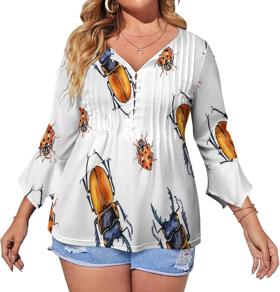 Beetle Ladybug Insect Women's V Neck Shirt 3/4 Sleeve Button Down Tee Tops Graphic Print Tunic Blouse