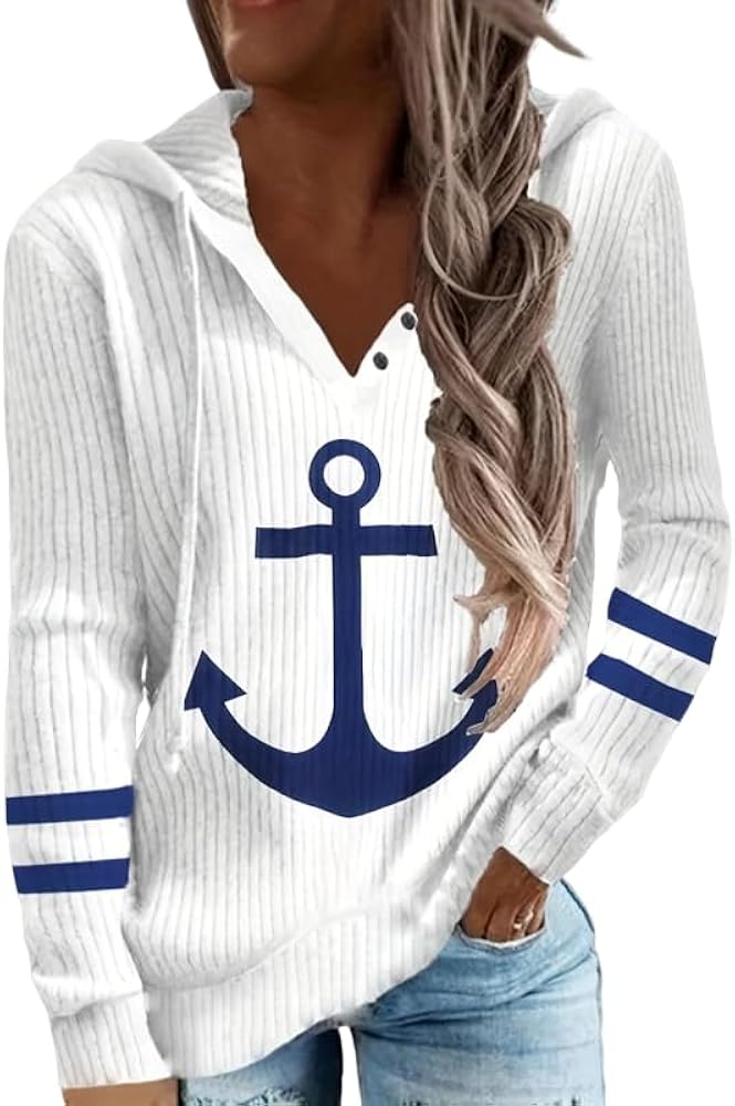 Women's Tops Anchor Print Button Hoodie Casual Long Sleeve Drawstring Hoodies Sweatshirt