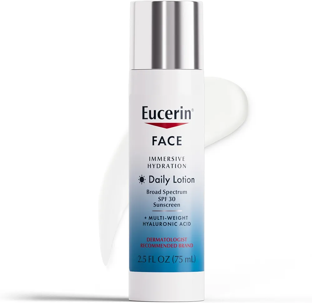 Eucerin Face Immersive Hydration Daily Face Lotion Broad Spectrum SPF 30 Sunscreen, Daily Moisturizer with Hyaluronic Acid Smooths Fine Lines and Wrinkles, 2.5 Fl Oz Bottle