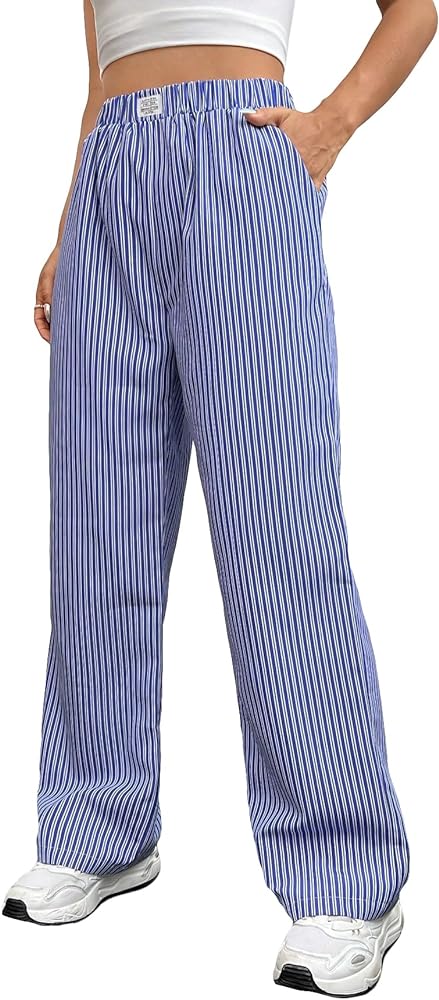 OYOANGLE Women's Straight Wide Leg Trousers Striped Print Letter Patched Detail High Waist Y2K Fashion Pants