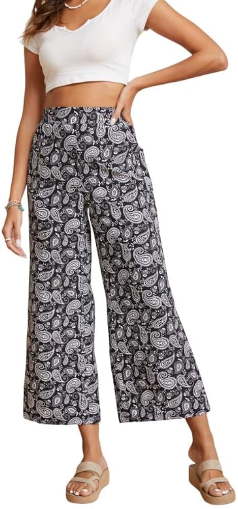 SOLY HUX Women's High Waist Print Wide Leg Pants Boho Loose Casual Long Palazzo Fit Pants Trousers Black Paisley M