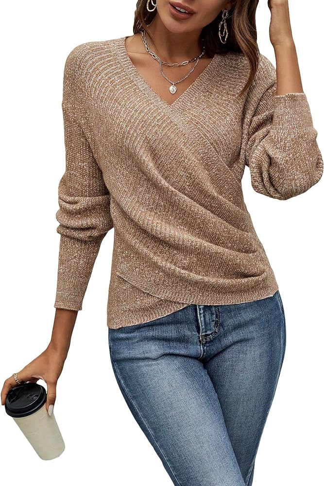 SOLY HUX Women's V Neck Criss Cross Wrap Ruched Long Sleeve Sweaters Pullover Tops