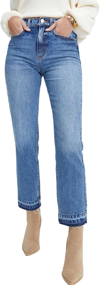 Astylish Womens High Waisted Straight Leg Cropped Jeans Casual Stretch Ankle Denim Pants