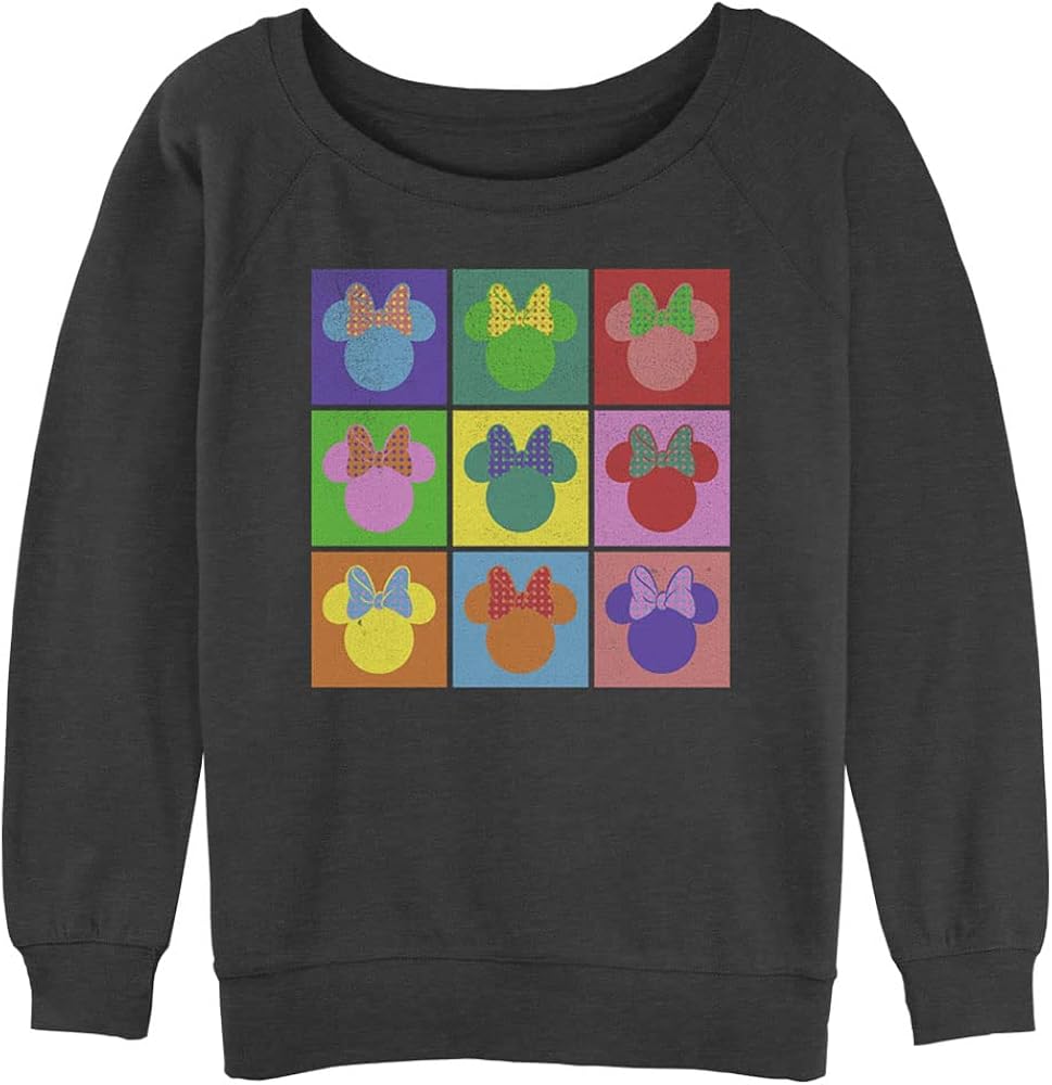 Disney Women's Classic Mickey Warhol Minnie Junior's Raglan Pullover with Coverstitch