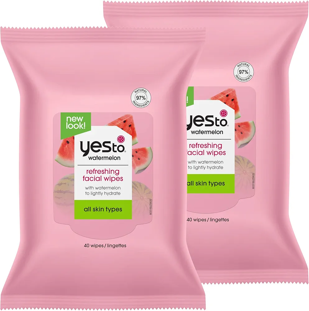 Yes To Face Wipes for Women and Men, Refreshing Facial Cleansing Wipes for use as a Make Up Remover, Cleaning, Soothing, Watermelon (Pack of 2)