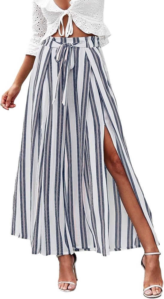 Simplee Women's Casual Split Wide Leg Pants High Waist Palazzo Flowy Beach Pants Summer Boho Lounge Pants with Pockets