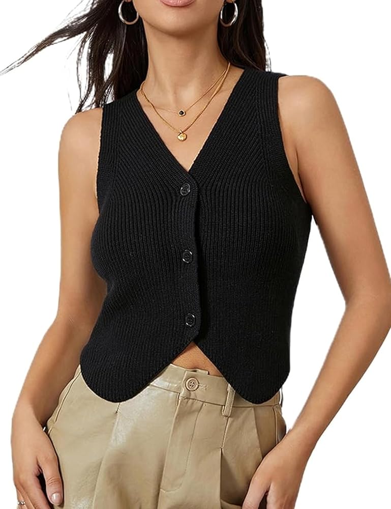 Womens Sleeveless Knit Vest Top Loose Button Down V Neck Crochet Vest Sweater Tank Top Y2k Streetwear