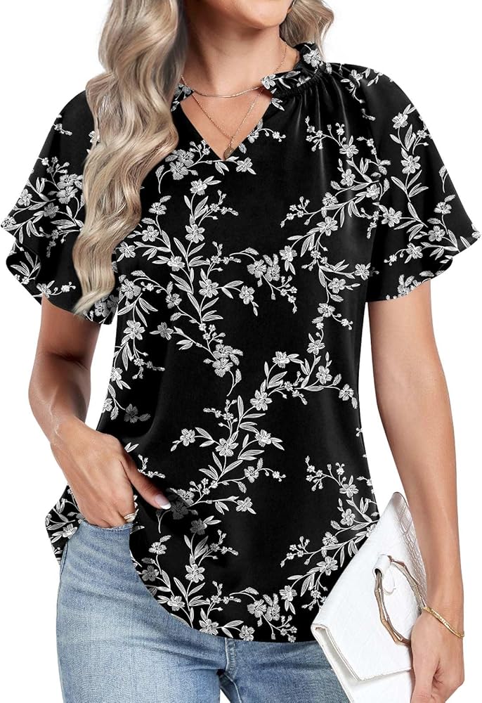 Anydoll Women's 2024 Summer Blouse Casual Short Sleeve Tops Vneck Button Chiffon Business Tunics Henley Tshirts