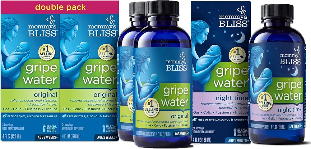 Mommy's Bliss Gripe Water Original 4 Fl Oz (Pack of 2) with Gripe Water Night Time 4 Fl Oz (Pack of 3)