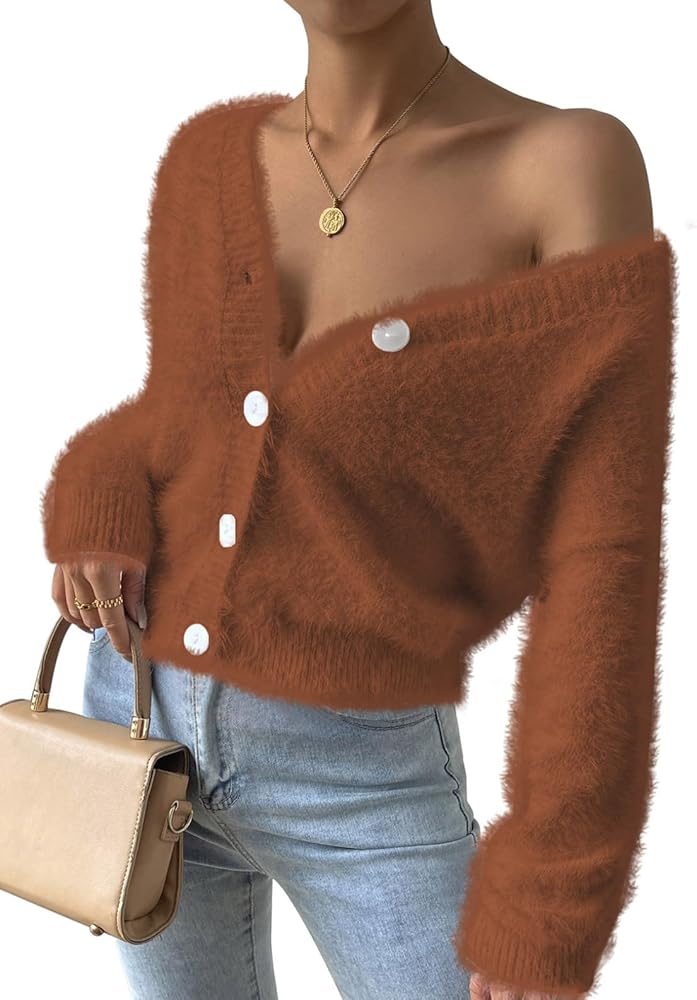 Pink Queen Women's Furry Cropped Cardigan Batwing Sleeves Open Front V-Neck Button Down Loose Casual Knit Sweater Coat