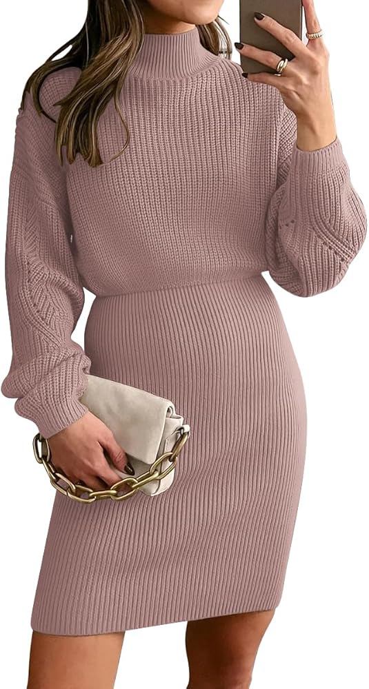 LILLUSORY Women's Mock Neck Trendy Lantern Sleeve 2023 Ribbed Knit Bodycon Pullover Sweater Dress