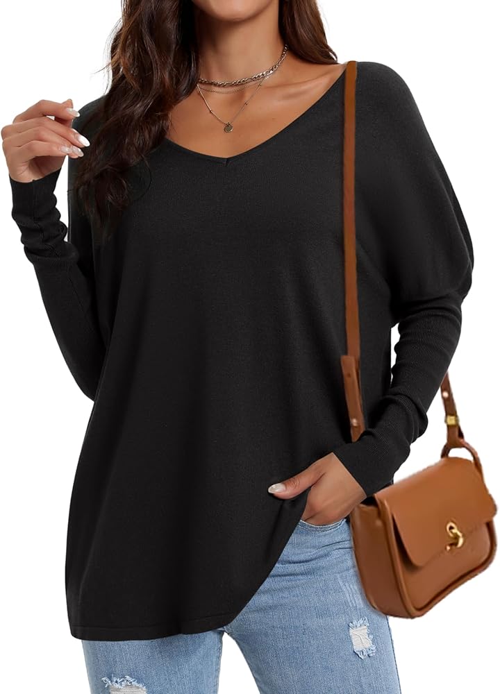 Sucolan Tunic Sweaters for Women Fall 2024 Oversized V Neck Off Shoulder Batwing Sweater Lightweight Pullover Knit Tops