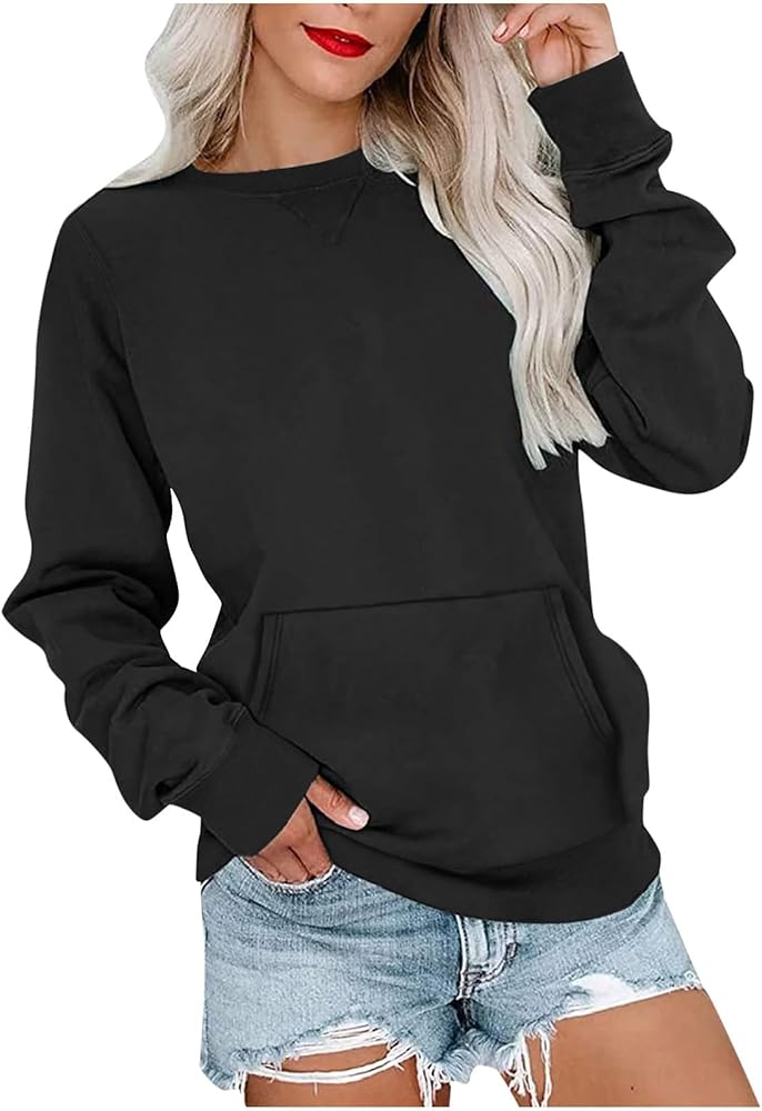 LRMQS Womens Crewneck Long Sleeve Sweatshirt with Kangaroo Pocket Solid Color Pullover Sweatshirts Fall 2023 Fashion Shirt