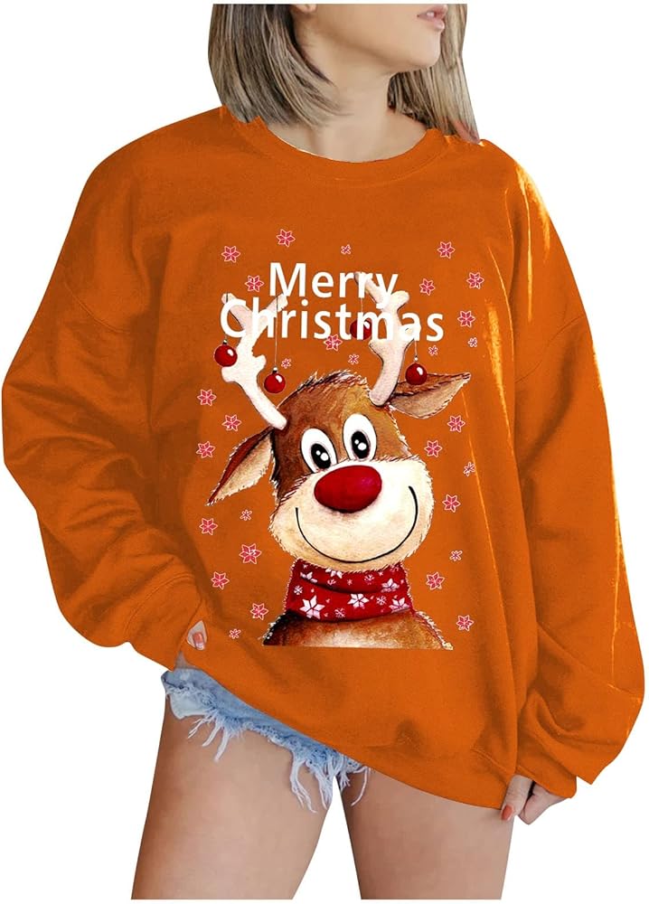 RMXEi Women's Padded Round Neck Long Sleeve Tops Christmas Cute Print Sweatshirt