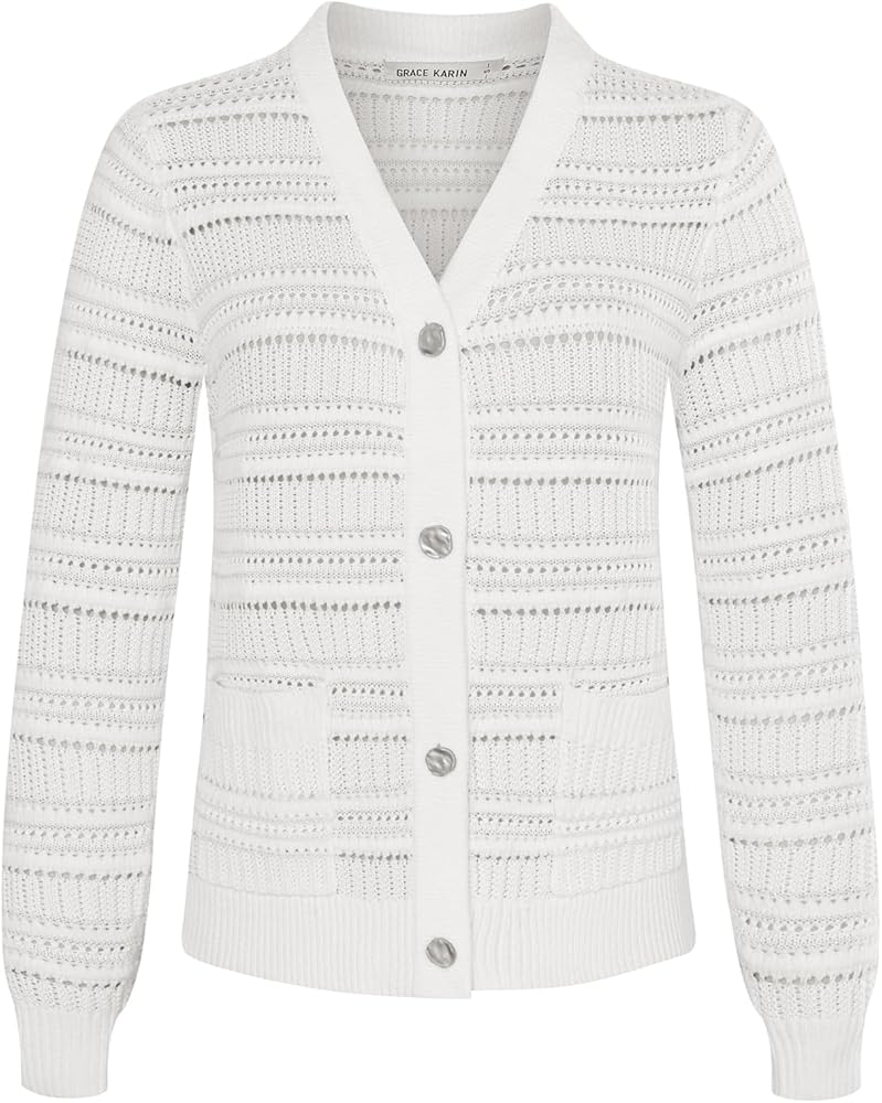 GRACE KARIN 2024 Women's Cardigan Sweater Lightweight V Neck Metallic Threads Knitwear Long Sleeve Hollowed-Out Shrugs