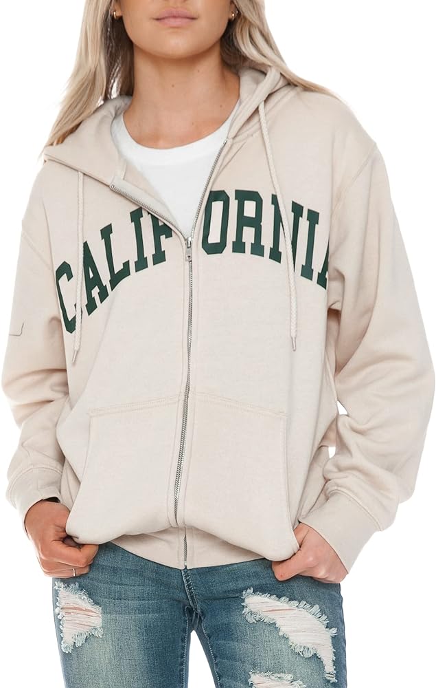 Urban Look Womens California and Los Angeles Drawstring Fleece Zip Up Hoodies