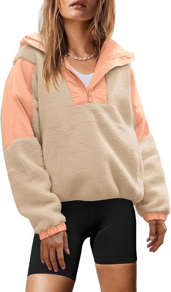 Yanekop Womens Fuzzy Fleece Hoodie Sherpa Sweatshirt Fluffy 1/4 Zip Up Pullover Outerwear with Pockets