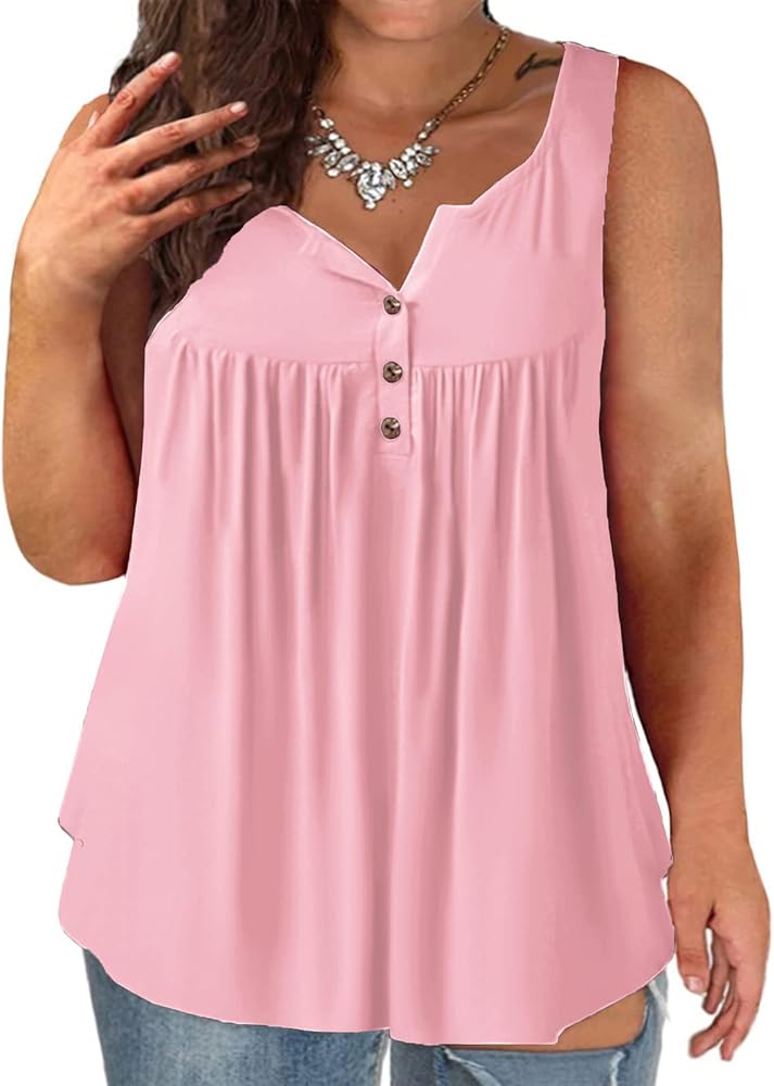 VISLILY Womens-Plus-Size-Tank-Tops Summer Sleeveless Henley Shirts Buttons Up Tunics Flowy Pleated Blouses