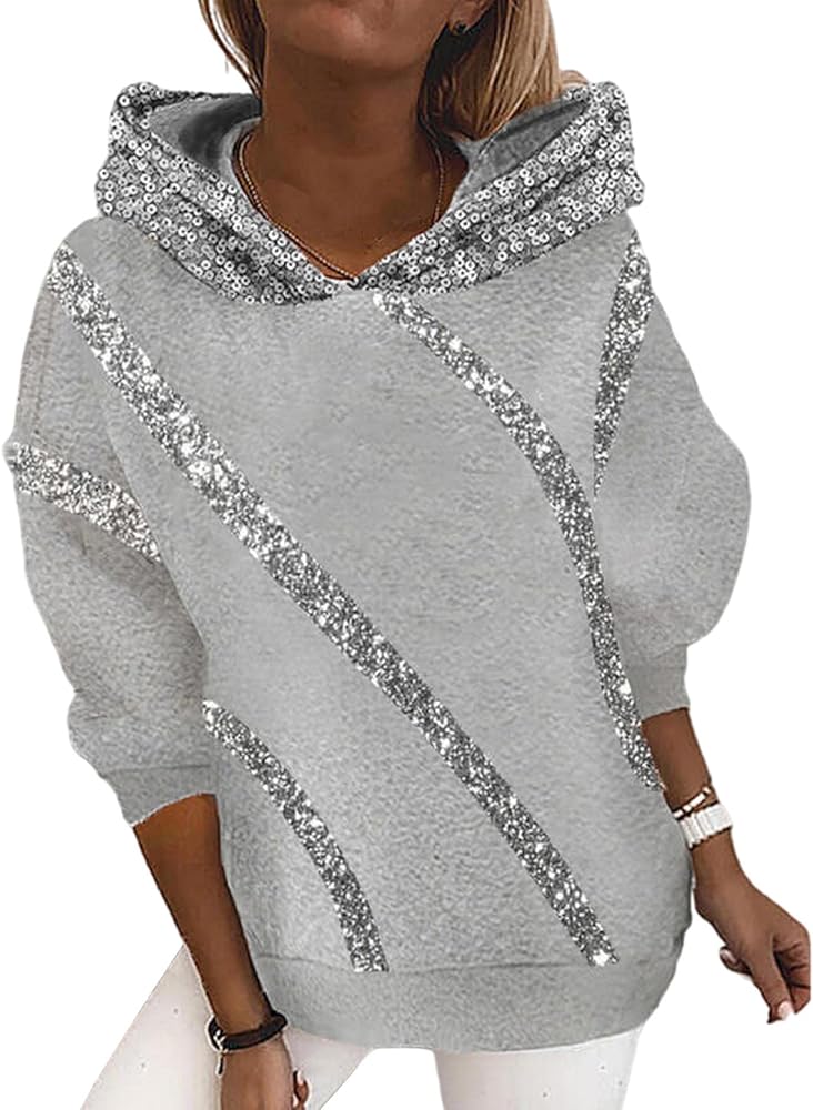 xxxiticat Women's Shiny Sequin Hooded Sweatshirt Long Sleeve Casual Bling Sparkly Striped Color Block Pullover Hoodies