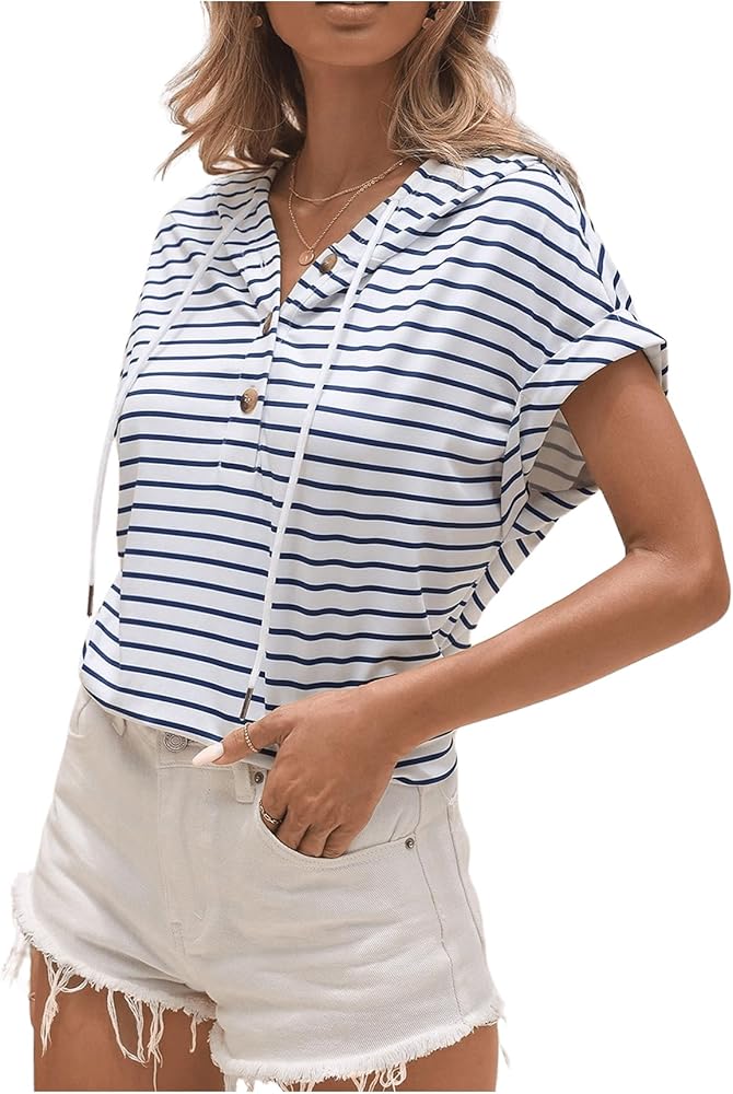 Verdusa Women's Striped Short Sleeve Hoodie V Neck Drawstring Pullover T Shirt