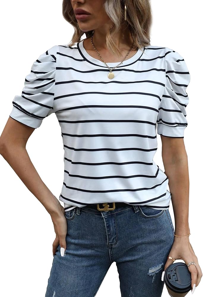 LilyCoco Women's Striped Shirt Short Puff Sleeve Crewneck Tee Casual Loose Fit Tops