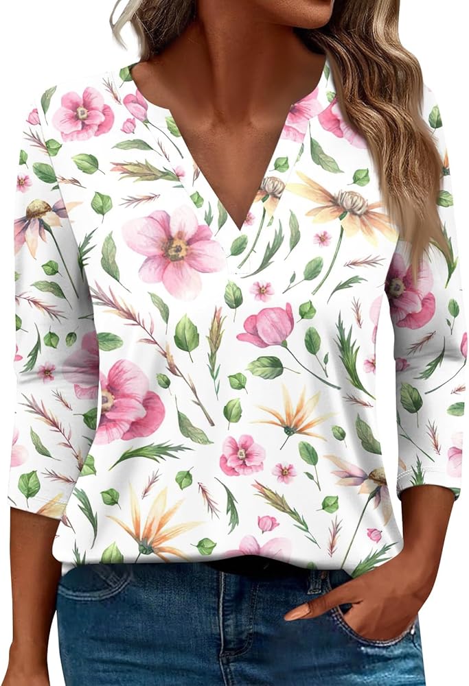 Women Tops Long Sleeve V Neck Loose Blouses Floral Tunics Casual Clothes Print Tees