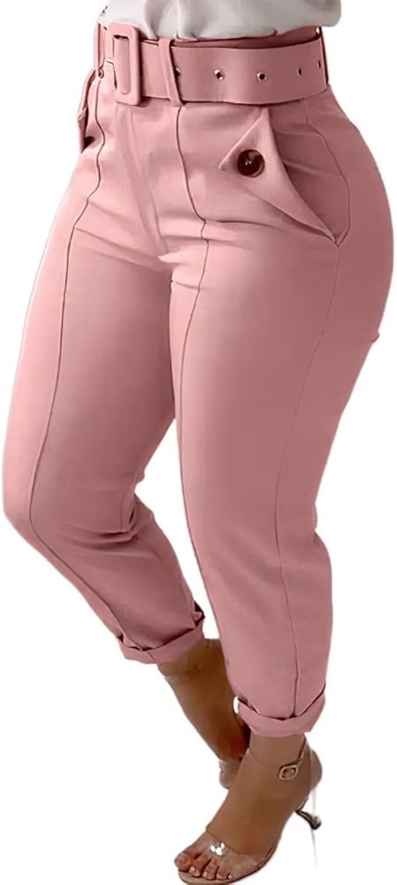 Flamingals High Waist Pants for Women Business Work Pants Cropped Pants with Belt