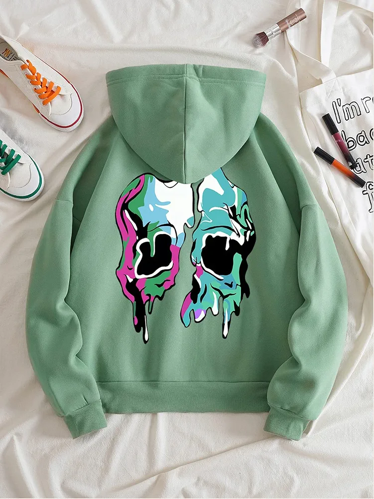 ABZEKH Women Sweatshirts Fashion Sweatshirts Skull Print Zip Up Drawstring Thermal Hoodie (Color : Mint Green, Size : Large)