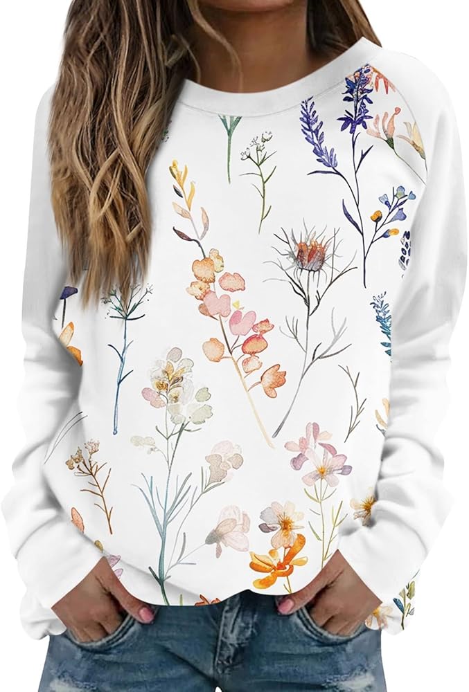 Womens Sweatshirts Floral Print Long Sleeve Plus Size Sweatshirts Crewneck Trendy Cute Sweater Clothing