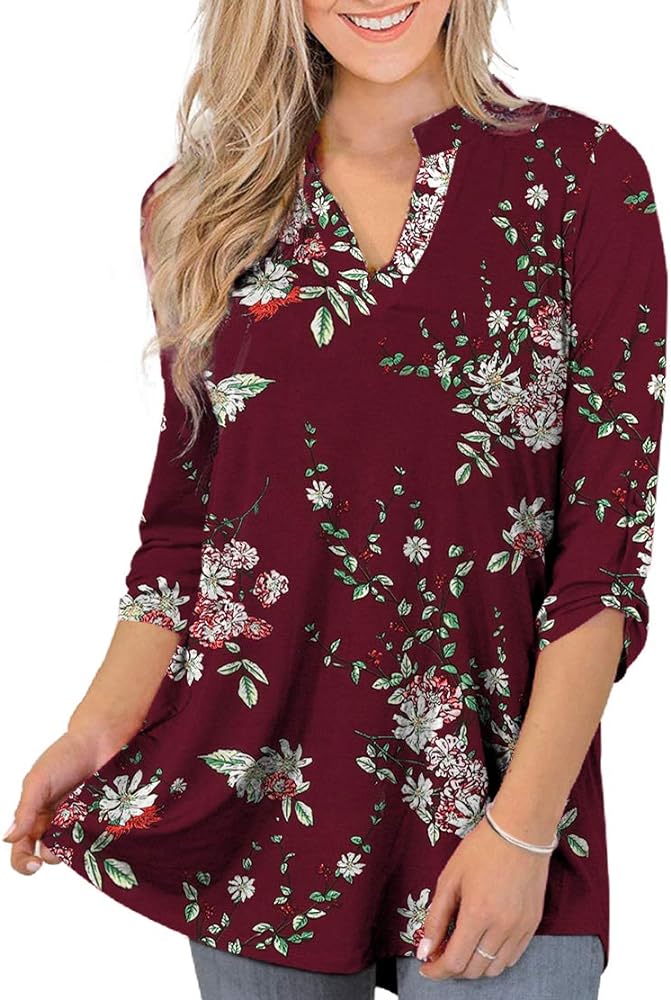 Othyroce Womens Floral Printed Tunic Tops 3/4 Roll Sleeve V Neck Blouses Long Sleeve Shirts for Women