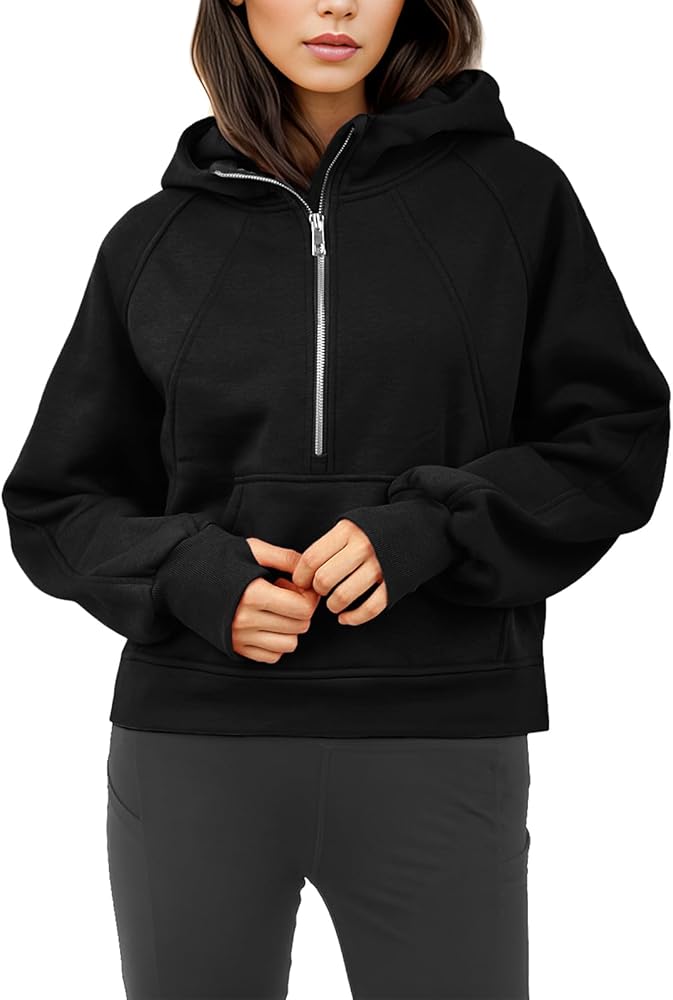 GIVON Womens Cropped Fleece-Lined Hoodie Quarter-Zip Pullover Sweatshirt with Thumb Hole