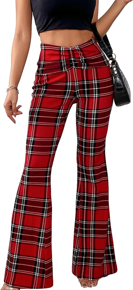 SweatyRocks WWomen's Plaid Ruched Elastic Waist Flare Wide Leg Pants Tartan Print Bell Bottom Long Trousers